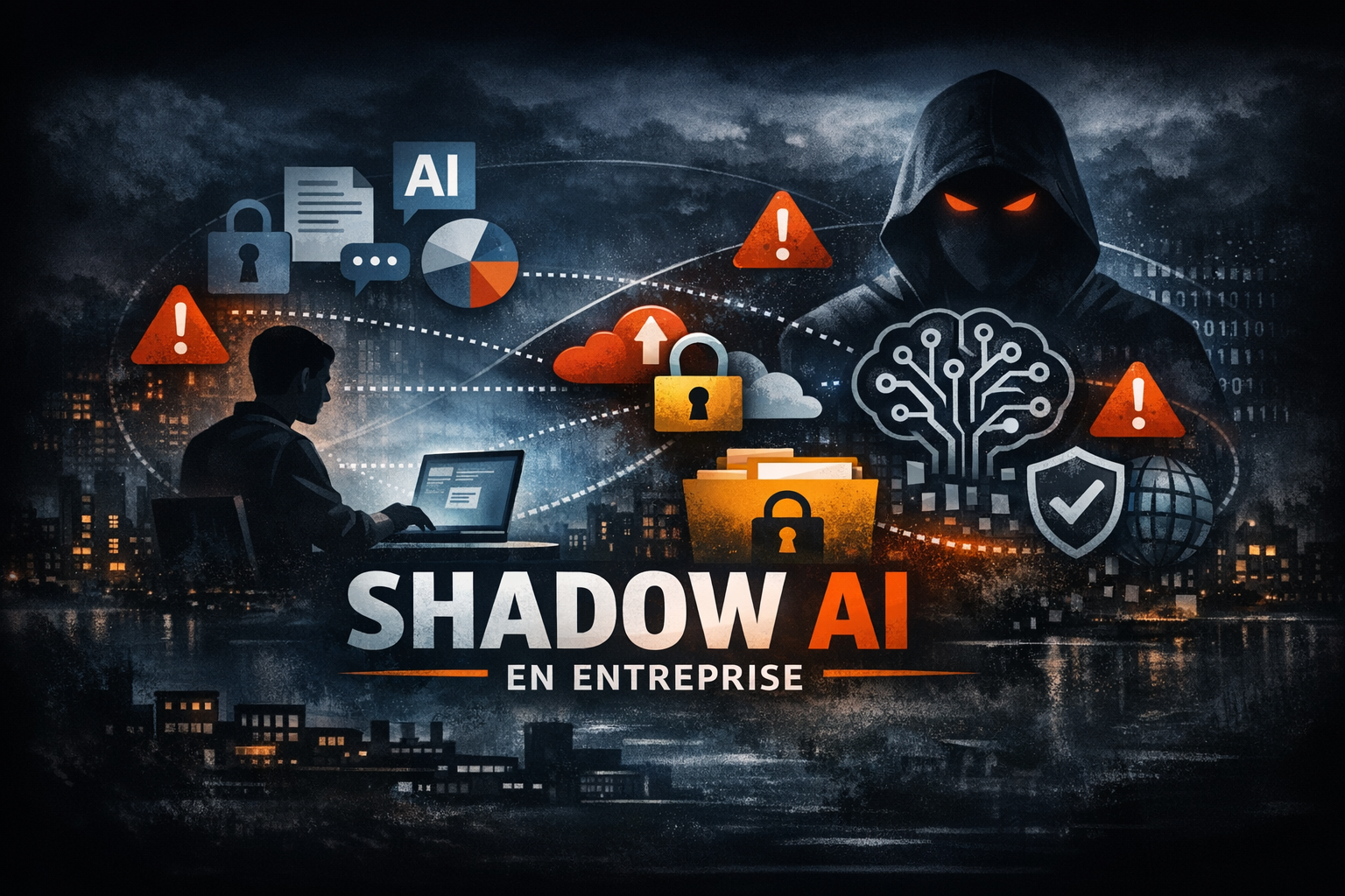 Réseau de nœuds numériques illustrant le Shadow AI en entreprise — deux clusters interconnectés, l'un bleu (système officiel) et l'un violet (IA non approuvée), reliés par une fuite de données.