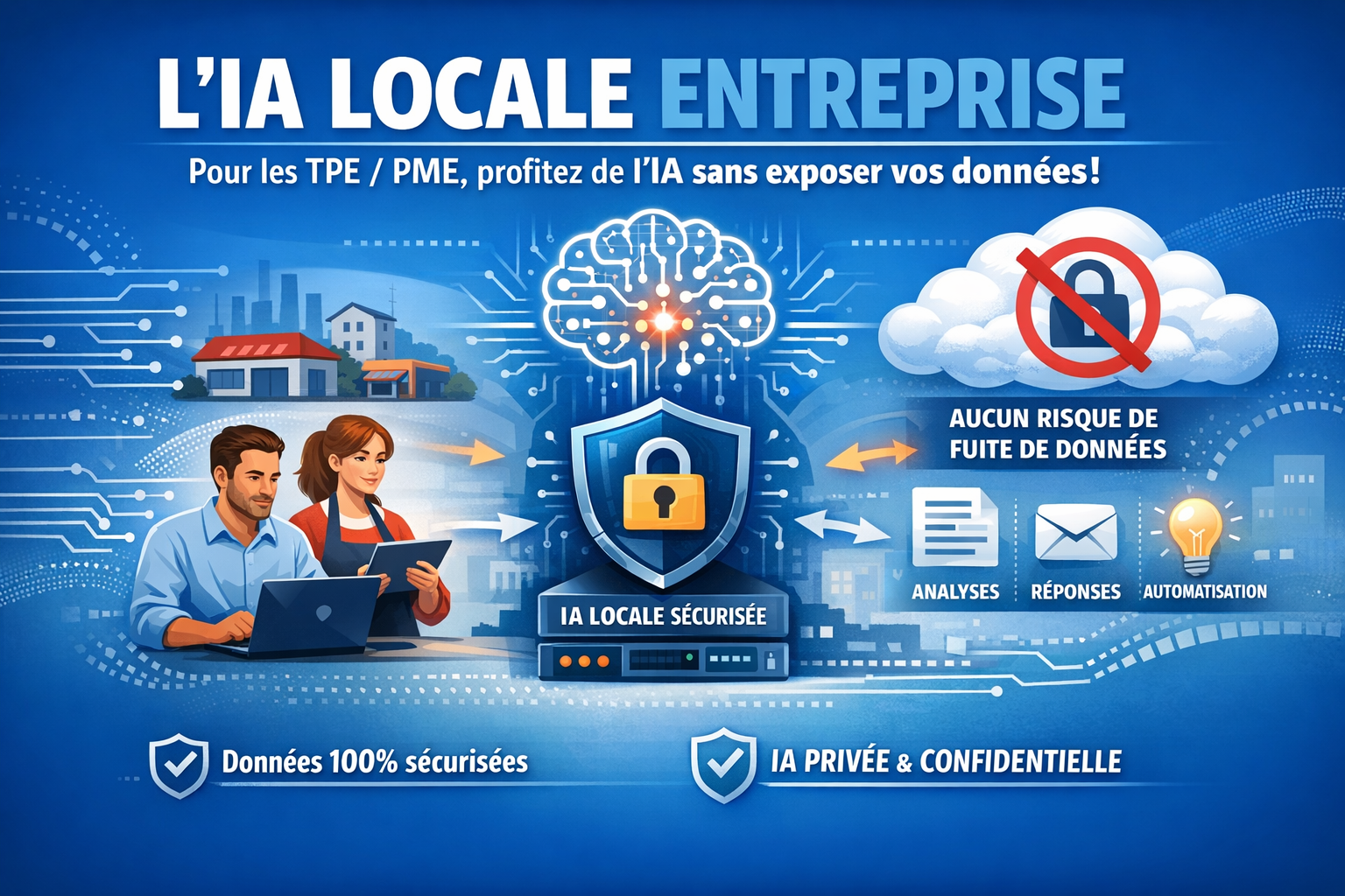 Illustration représentant une IA locale d’entreprise sécurisée, utilisée par des TPE et PME sans transfert de données vers le cloud.