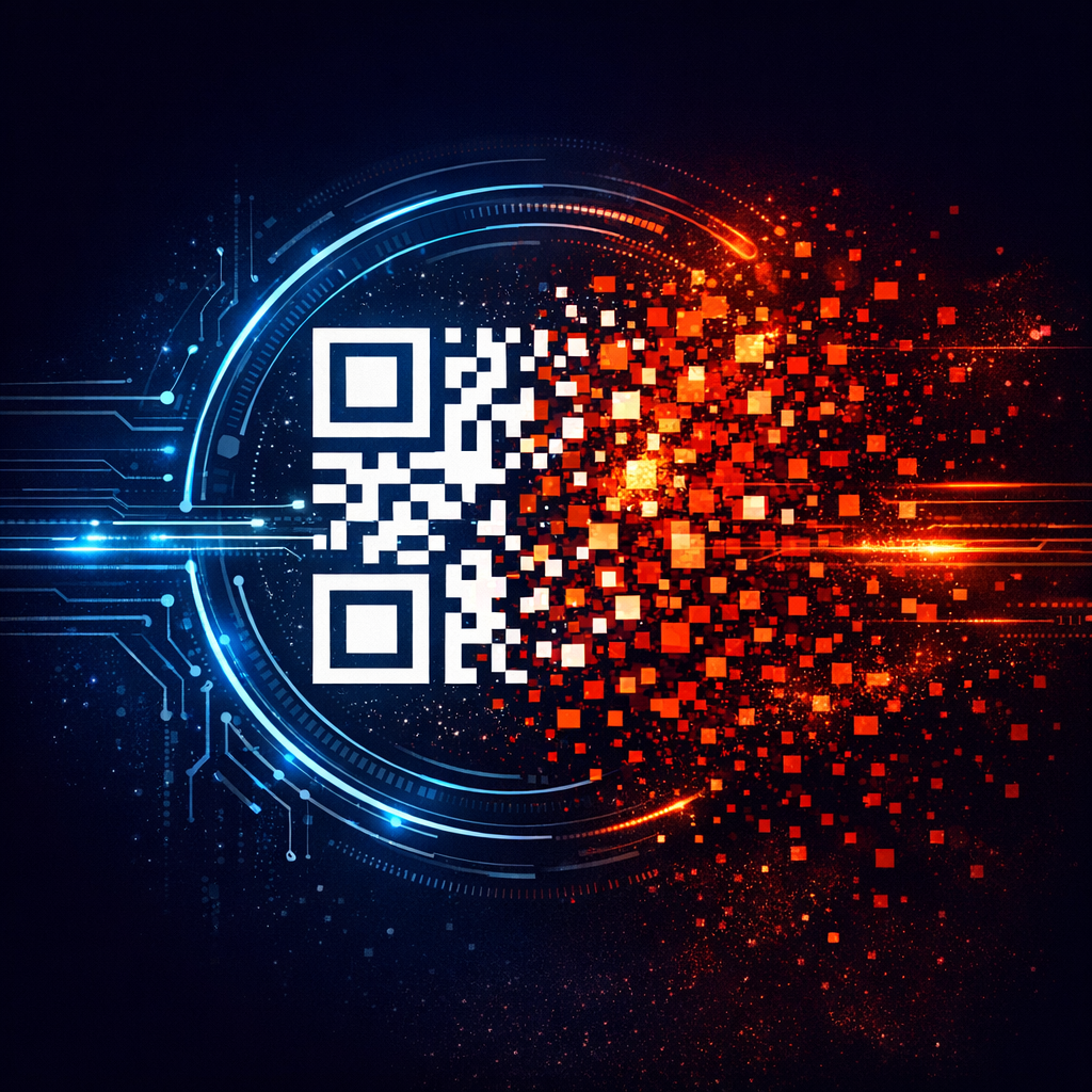 Illustration d'un QR code se fragmentant en pixels corrompus rouges, symbolisant une attaque de quishing ou phishing par QR code